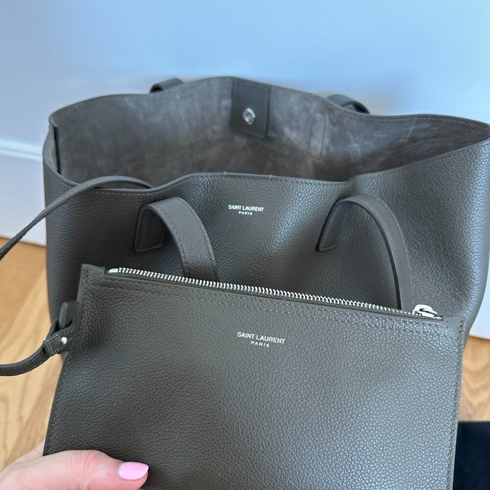 Saint Laurent Bold Shopping Bag With Zipped Pouch Leather Khaki Purse - Picture 13 of 16